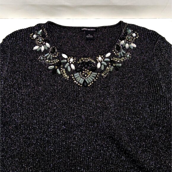 Lauren Mitchell Women's XL Black Metallic Long Sleeve Pullover Beaded Neckline - Picture 4 of 8